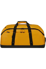 Borsone Ecodiver Samsonite M di colore giallo e nero, realizzato in materiale riciclato, con maniglia superiore e tasche con zip.