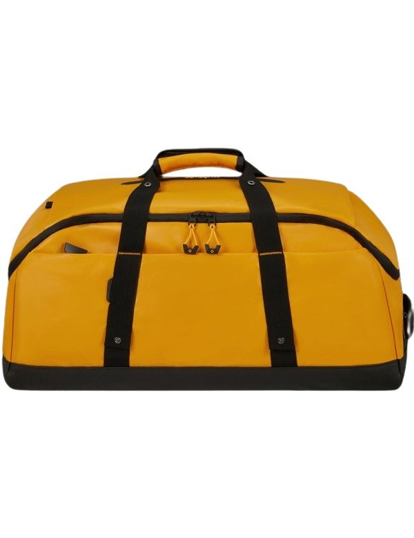 Borsone Ecodiver Samsonite M di colore giallo e nero, realizzato in materiale riciclato, con maniglia superiore e tasche con zip.
