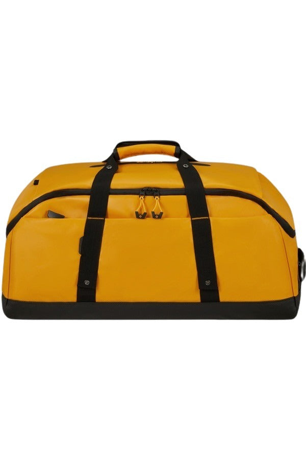 Borsone Ecodiver Samsonite M di colore giallo e nero, realizzato in materiale riciclato, con maniglia superiore e tasche con zip.