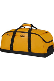 Borsone Ecodiver Samsonite modello M giallo e nero da 60L con portabilità a zaino, realizzato in PET 100% riciclato.