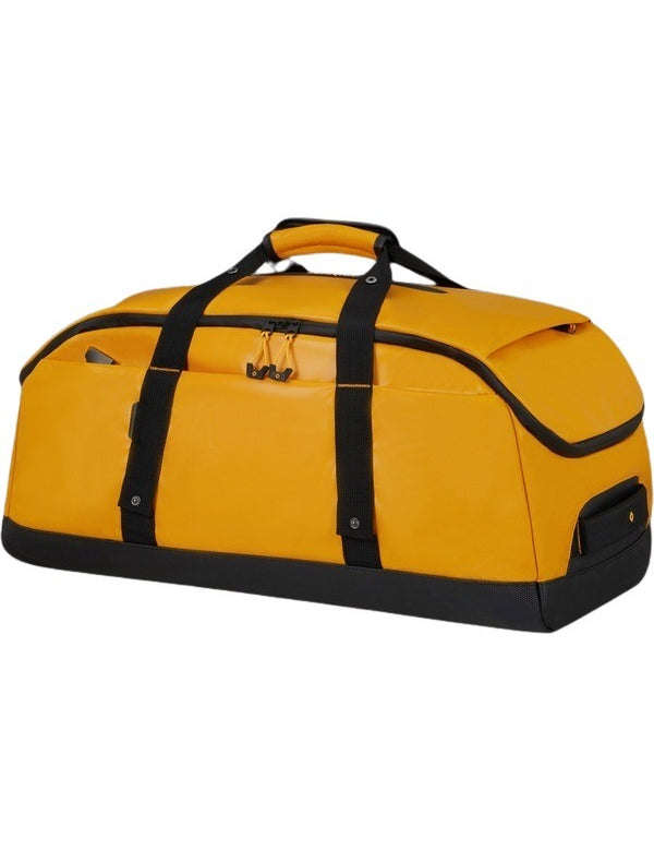 Borsone Ecodiver Samsonite modello M giallo e nero da 60L con portabilità a zaino, realizzato in PET 100% riciclato.