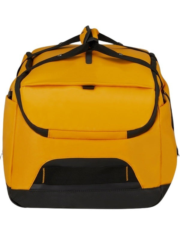 Vista frontale del Borsone Ecodiver Samsonite colore giallo con maniglie superiori e dettagli neri a contrasto.