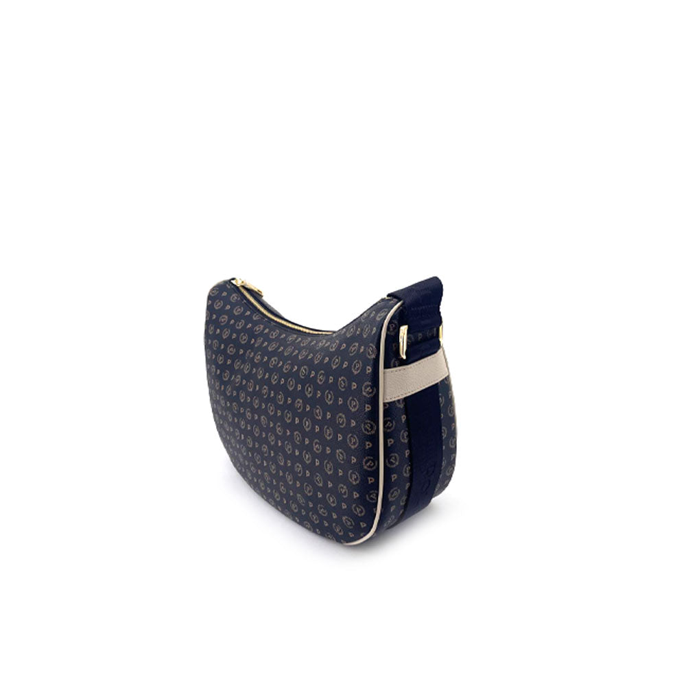 Black leather Pollini Hobo Bag with shoulder strap, stylish accessory for women featuring a sleek design.
