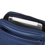 Piquadro men's iPad® holder borsello with adjustable strap, black leather, compact design, suitable for carrying iPad and essentials.