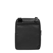 Piquadro men's iPad® shoulder bag in black leather, compact borsello with multiple compartments and adjustable strap.