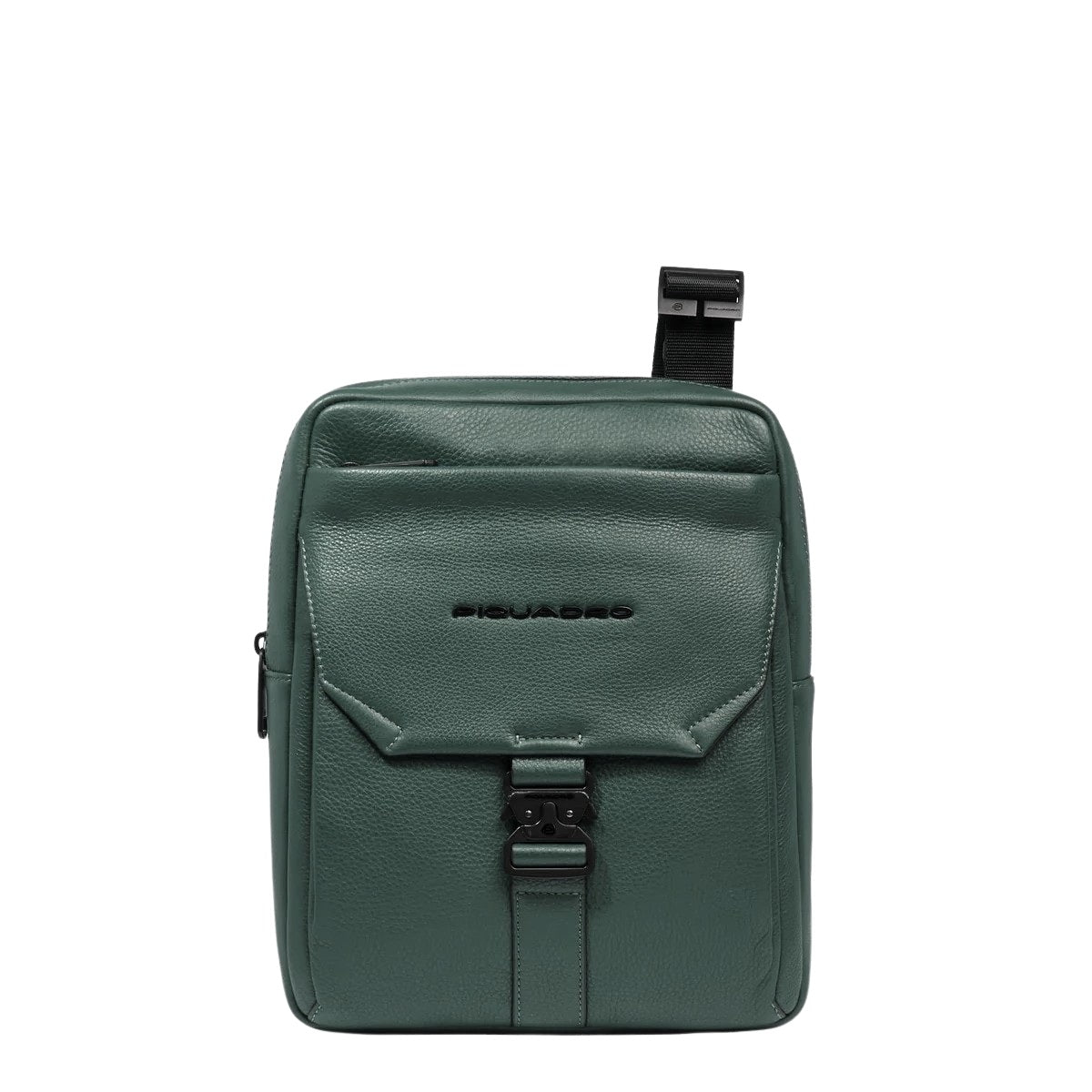 Piquadro men's iPad® shoulder bag with leather accents, compact design, and adjustable strap for convenient carrying.