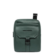 Piquadro men's iPad® shoulder bag with leather accents, compact design, and adjustable strap for convenient carrying.