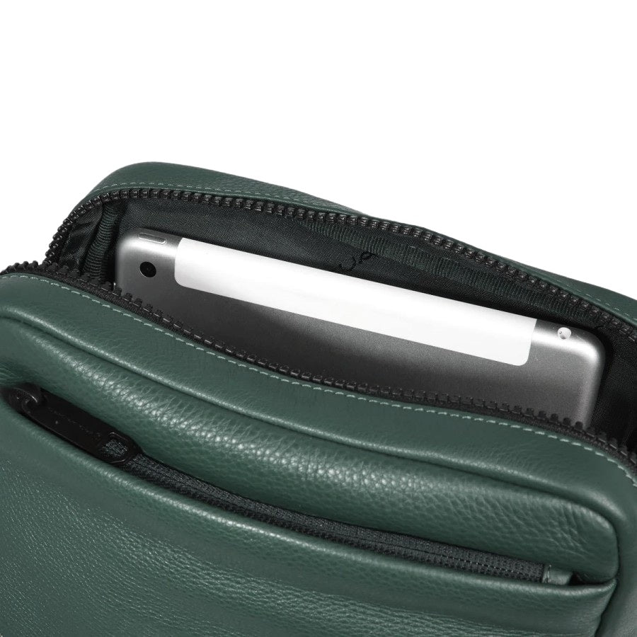 Piquadro men's iPad® shoulder bag with leather strap, compact design, and multiple compartments for accessories.