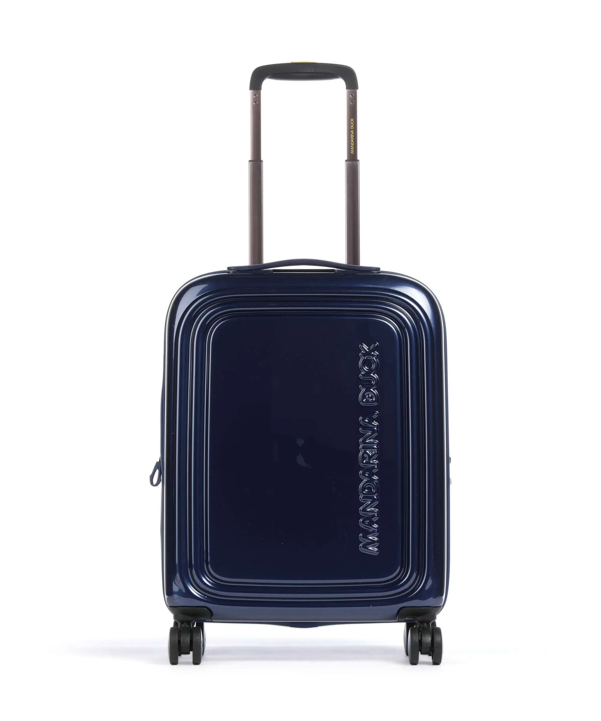 Unisex cabin trolley bag with Mandarina Duck logo, made of metal and durable materials, designed for travel and carry-on use.