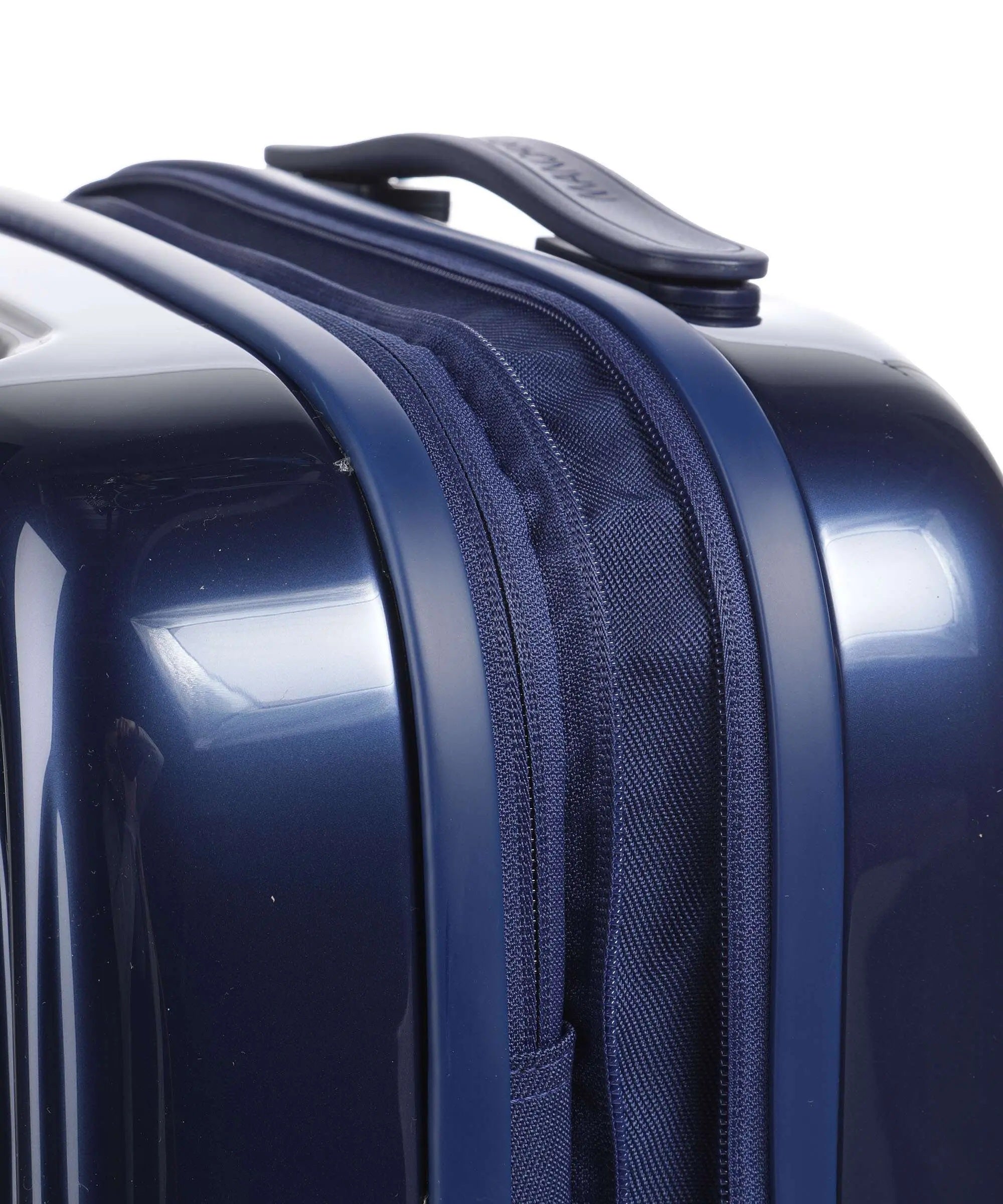 Unisex cabin trolley bag by Mandarina Duck with logoduck metal logo, compact size, and sturdy handle for travel.