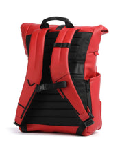 Zaino roll-top porta pc Piquadro Ducati rosso e nero, vista posteriore con spallacci e schienale imbottiti per il massimo comfort.