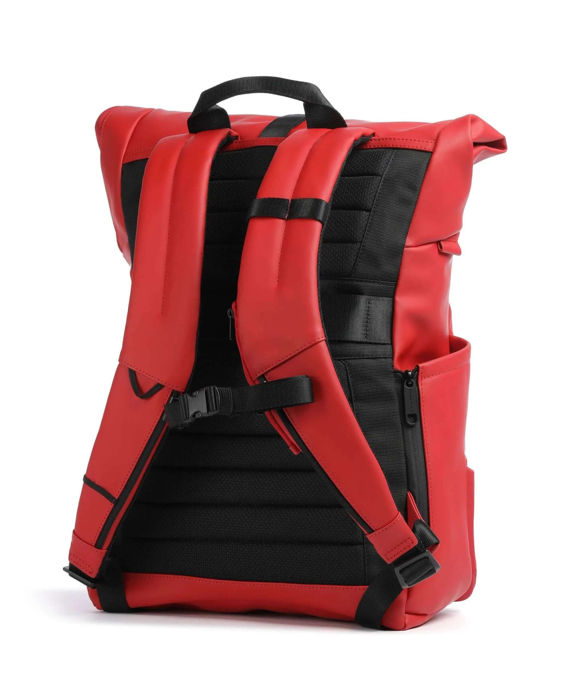 Zaino roll-top porta pc Piquadro Ducati rosso e nero, vista posteriore con spallacci e schienale imbottiti per il massimo comfort.
