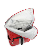 Zaino roll-top porta pc Piquadro Ducati rosso, vista interna dall'alto che mostra gli scomparti e la fodera grigia.