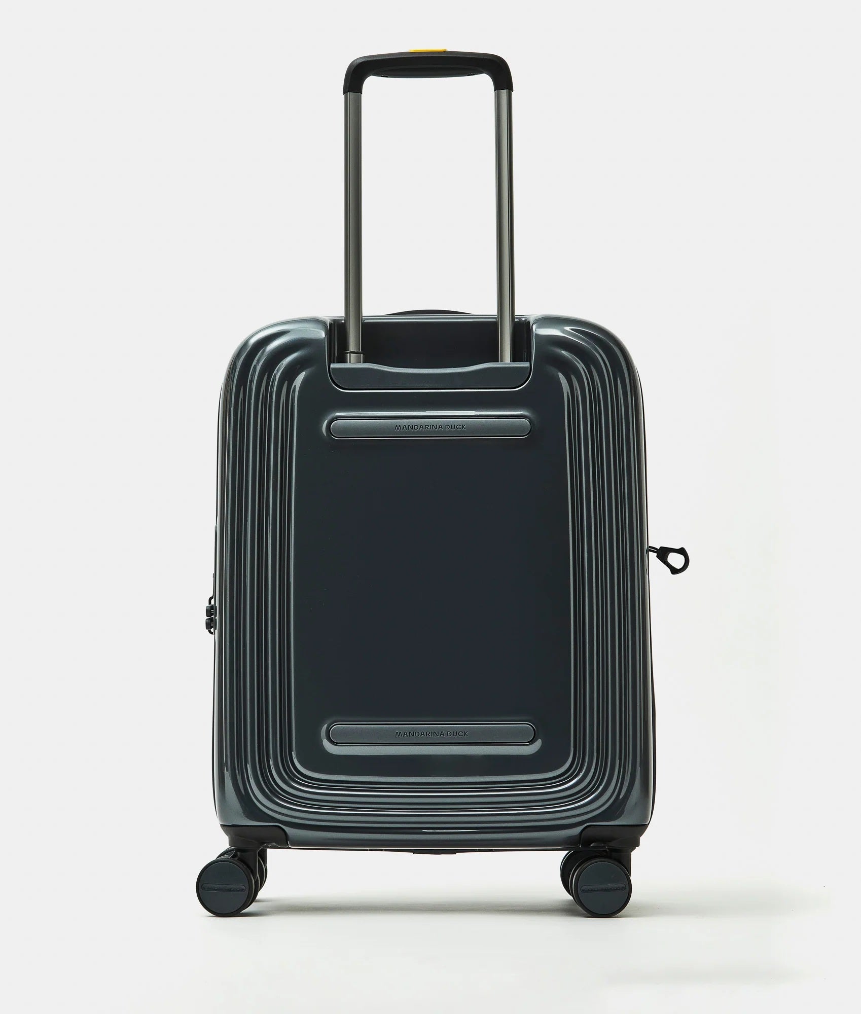 Mandarina Duck Cabin Trolley Logoduck metal luggage tag for travel, unisex accessory attached to a trolley bag.