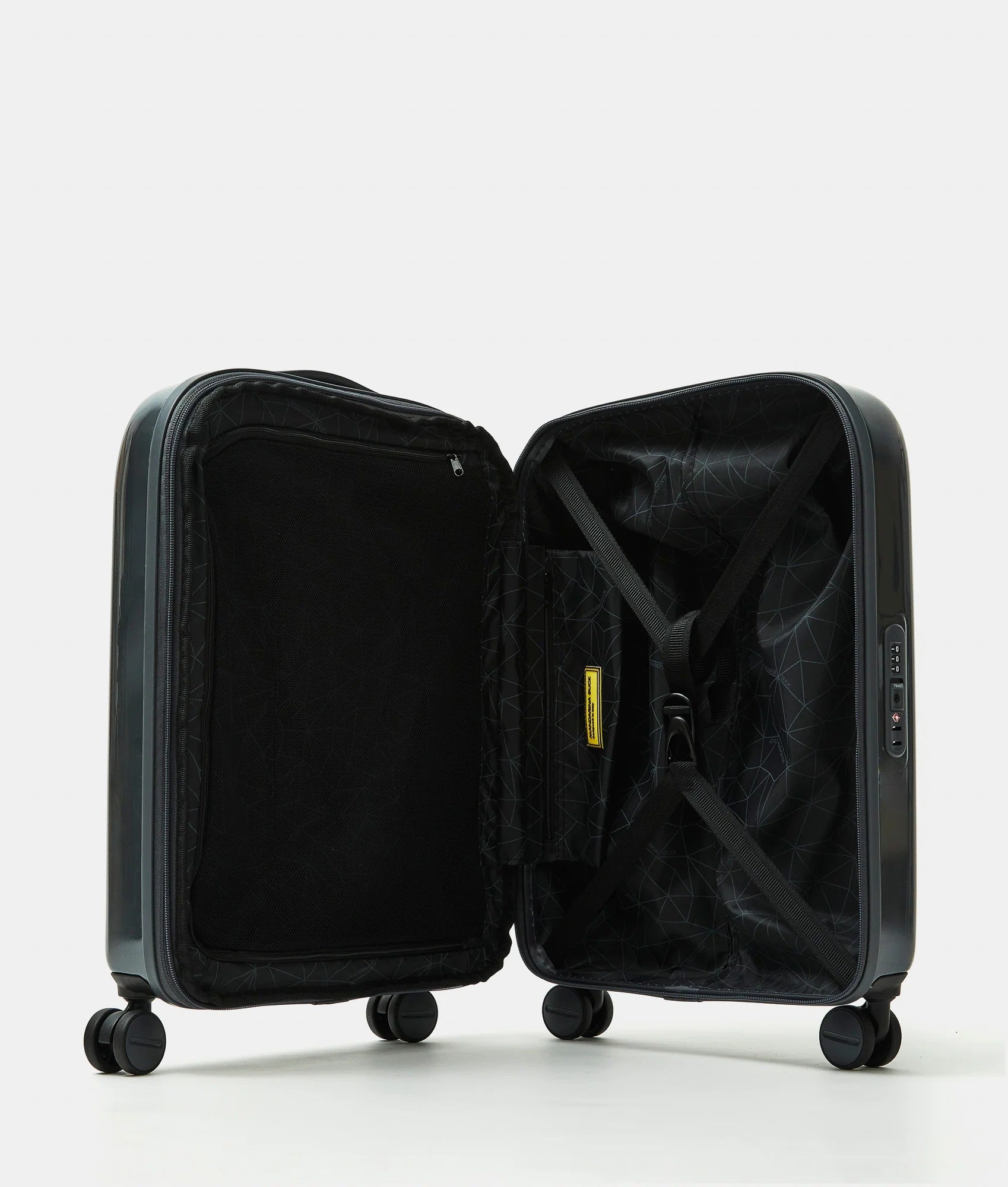 Unisex cabin trolley bag by Mandarina Duck with metal logo, compact design, ideal for travel and hand luggage.