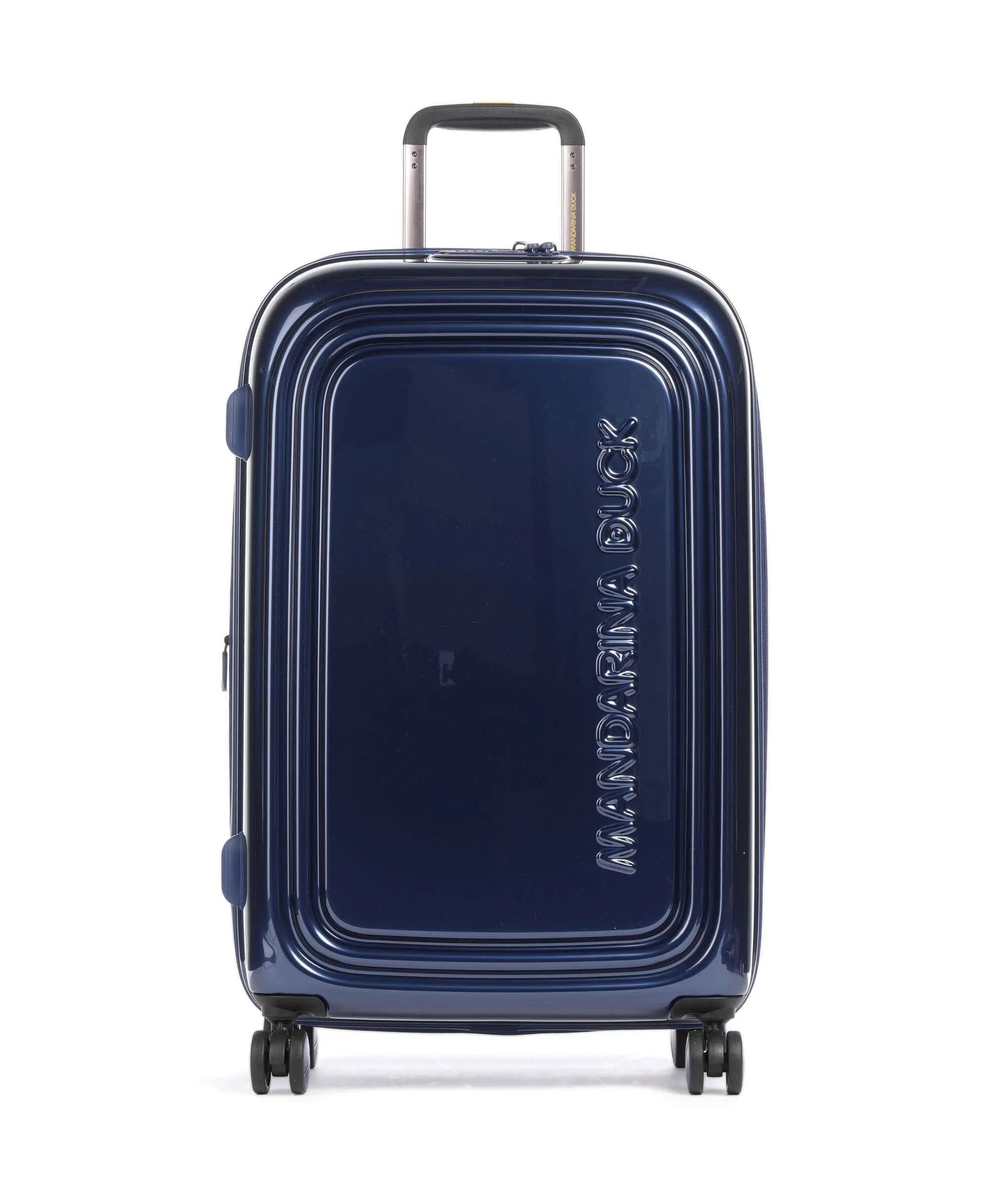Medium Mandarina Duck trolley logoduck metal unisex travel accessory with a sleek design and sturdy handles.