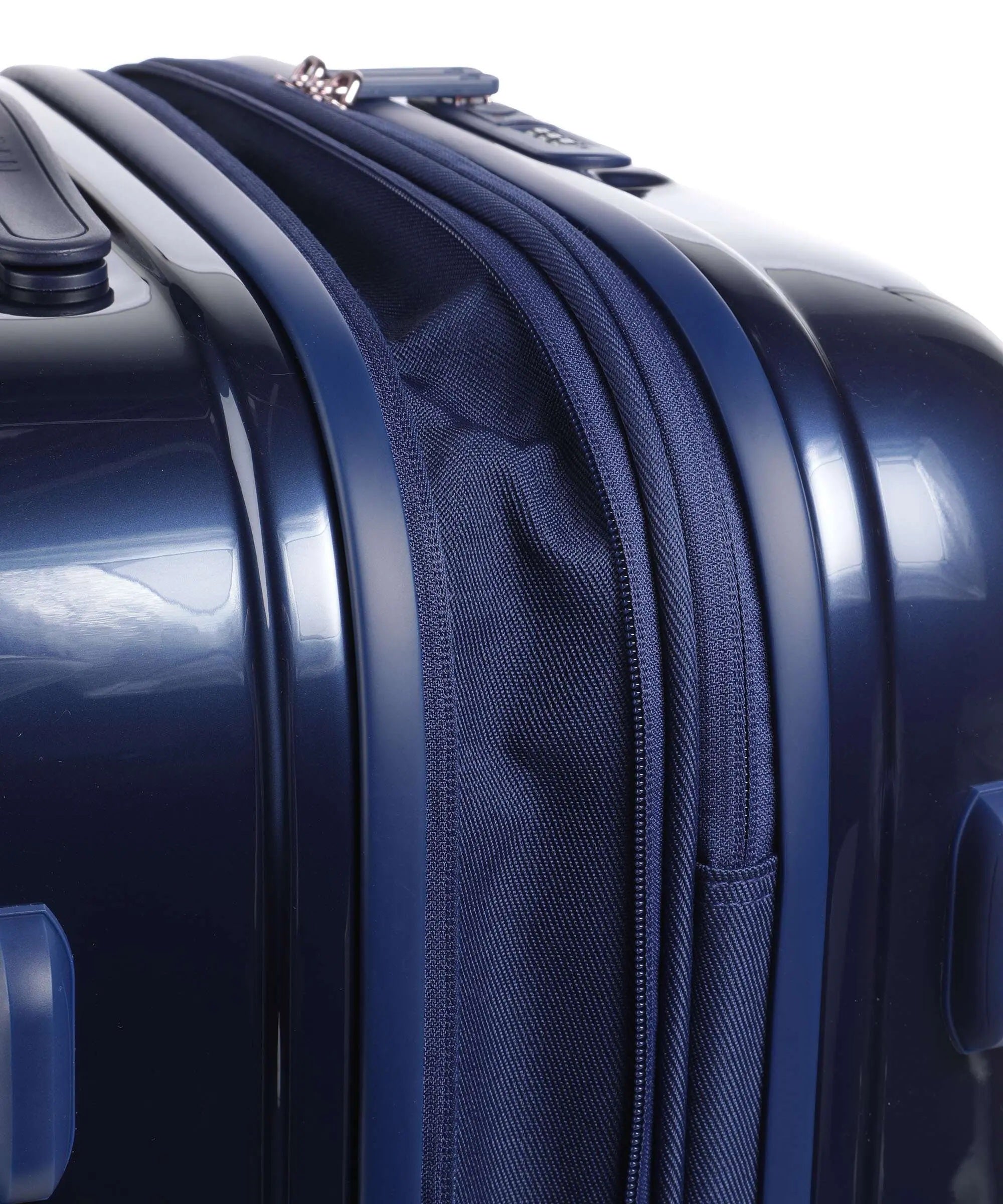 Medium Mandarina Duck trolley with logo, featuring a sleek metal design and unisex travel accessory for medium-sized luggage.
