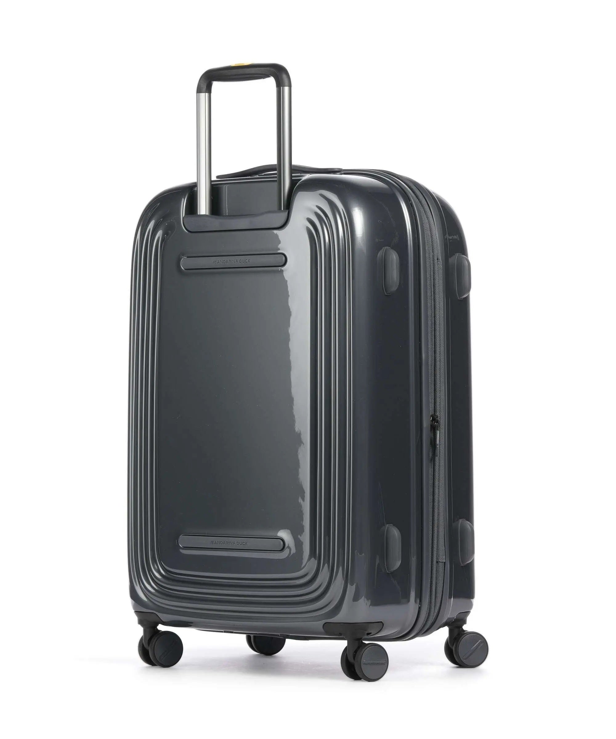 Medium Mandarina Duck trolley luggage with logo, metal accents, and durable construction for unisex travel accessories.
