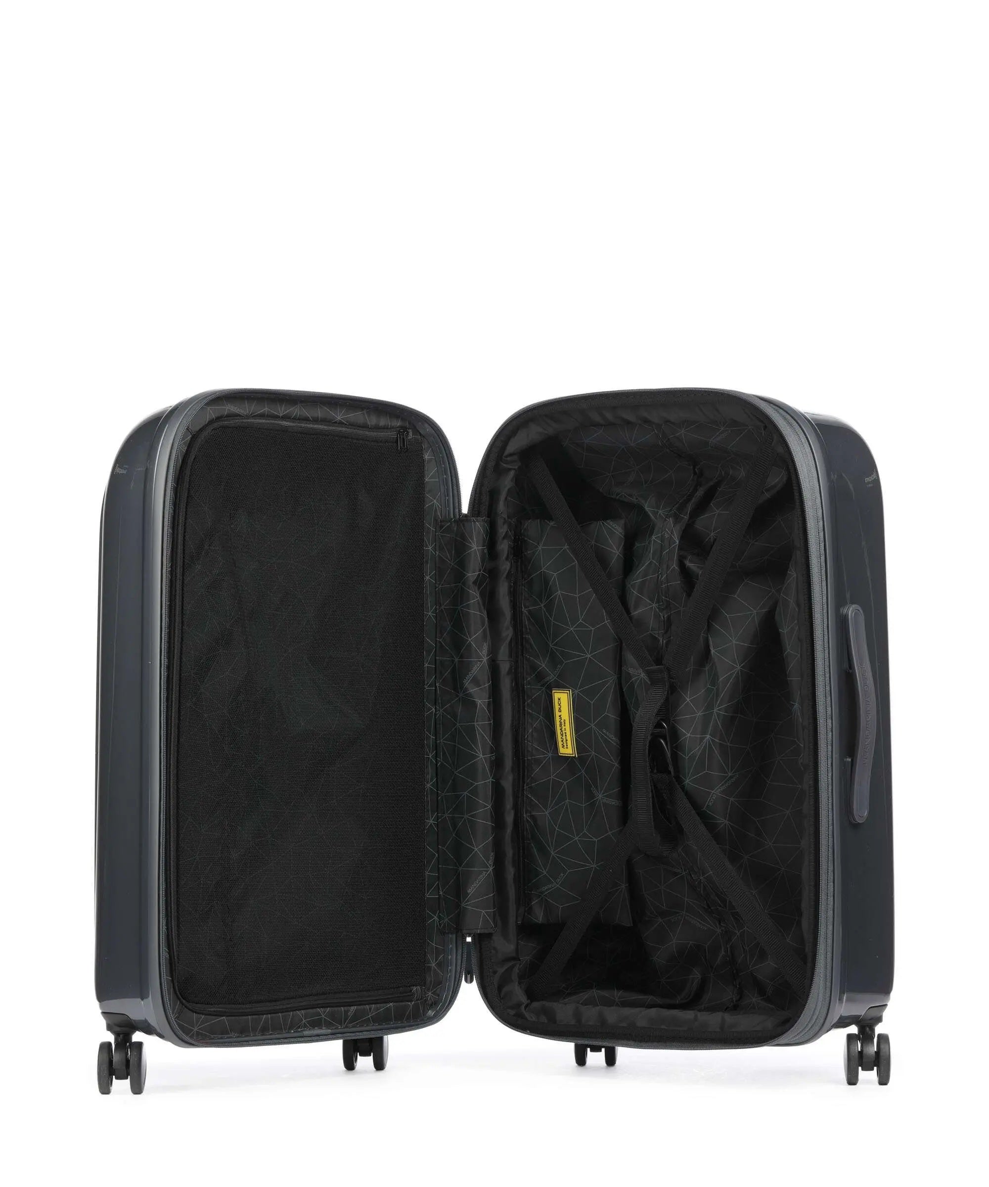 Medium Mandarina Duck trolley with logoduck logo, metal handle and durable wheels, designed for unisex travel accessories.