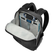 Piquadro Russel 13-inch unisex laptop backpack featuring a sleek black design with multiple compartments and padded straps.