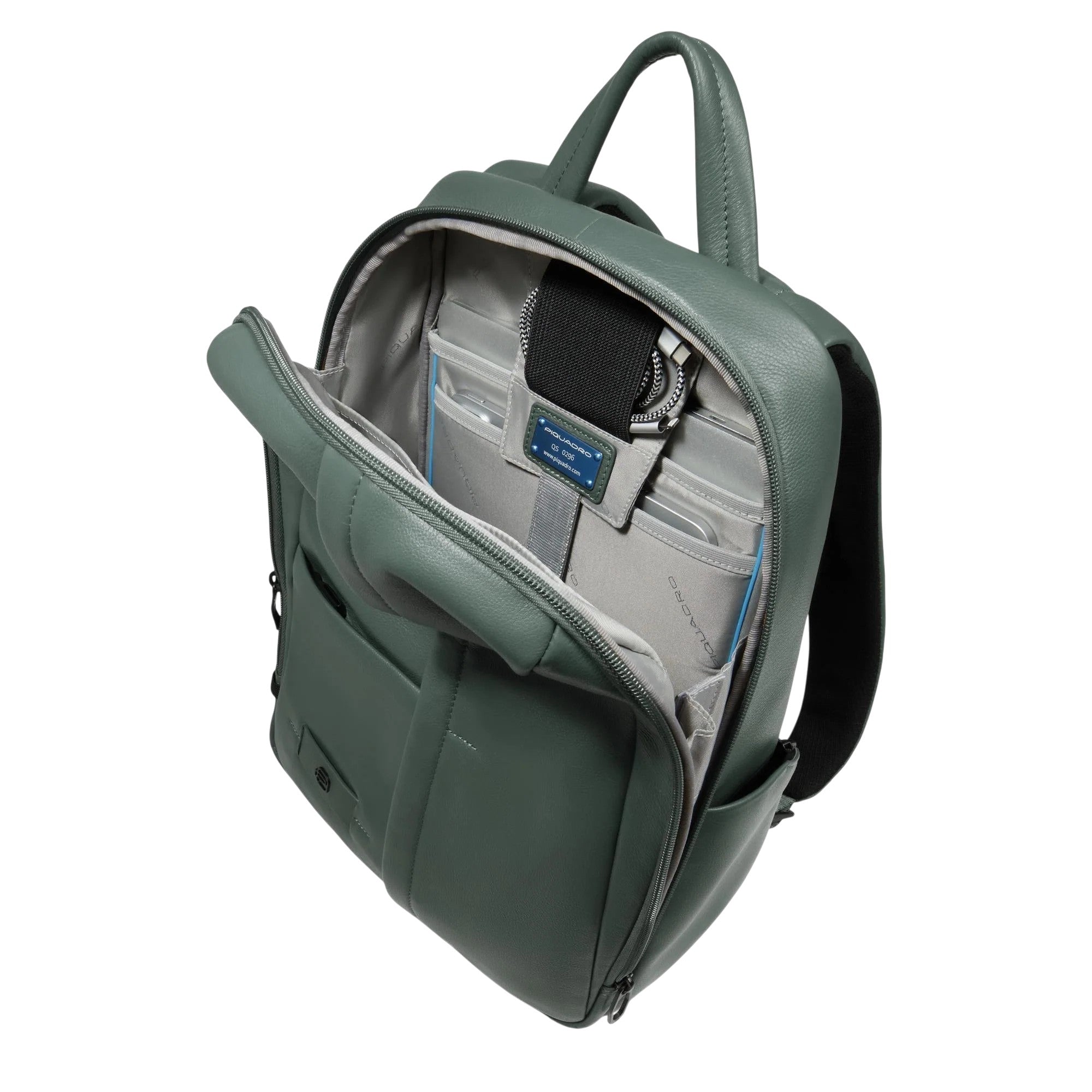Piquadro Russel unisex 13-inch laptop backpack with multiple compartments and padded straps, made of durable material.