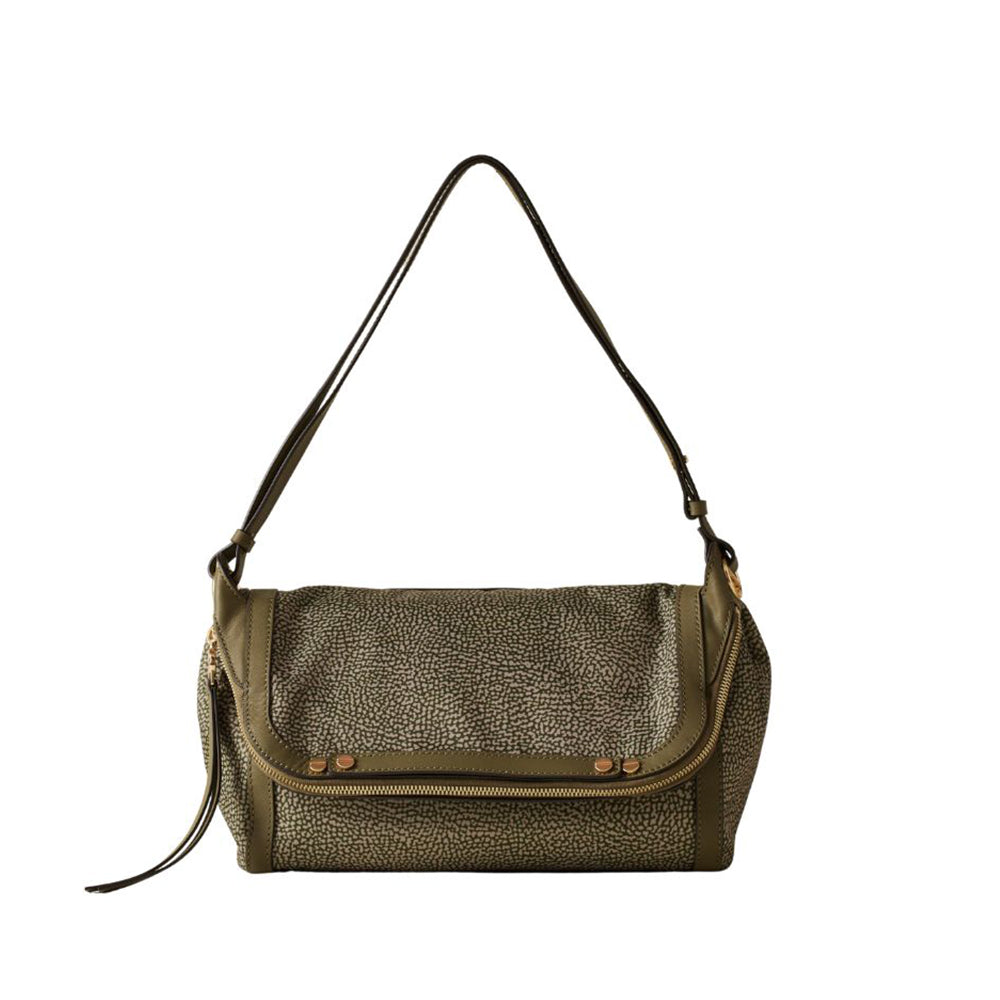 Borbonese small frame crossbody bag in black leather with adjustable strap and silver hardware for women.