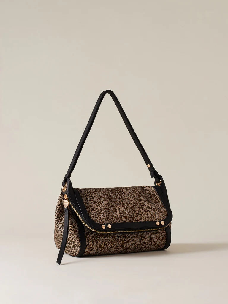 Small Borbonese crossbody bag with a structured frame, leather strap, and minimalist design, perfect for casual or formal wear.