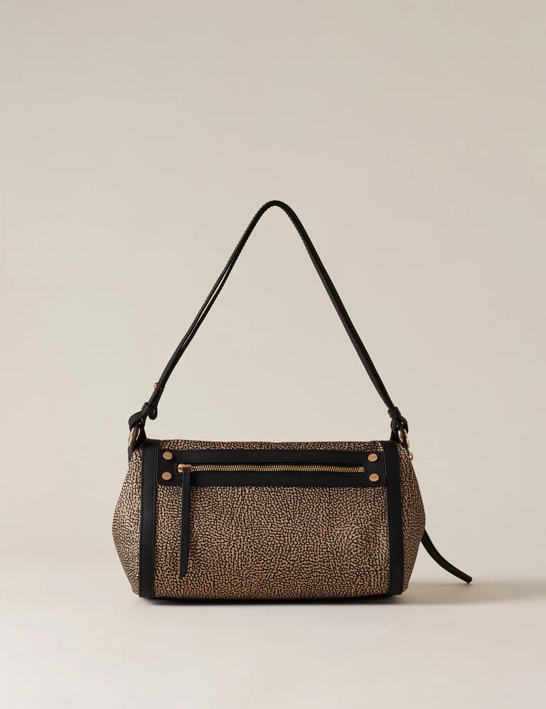 Small Borbonese crossbody bag in a compact frame with a shoulder strap, featuring a stylish accessory for women.