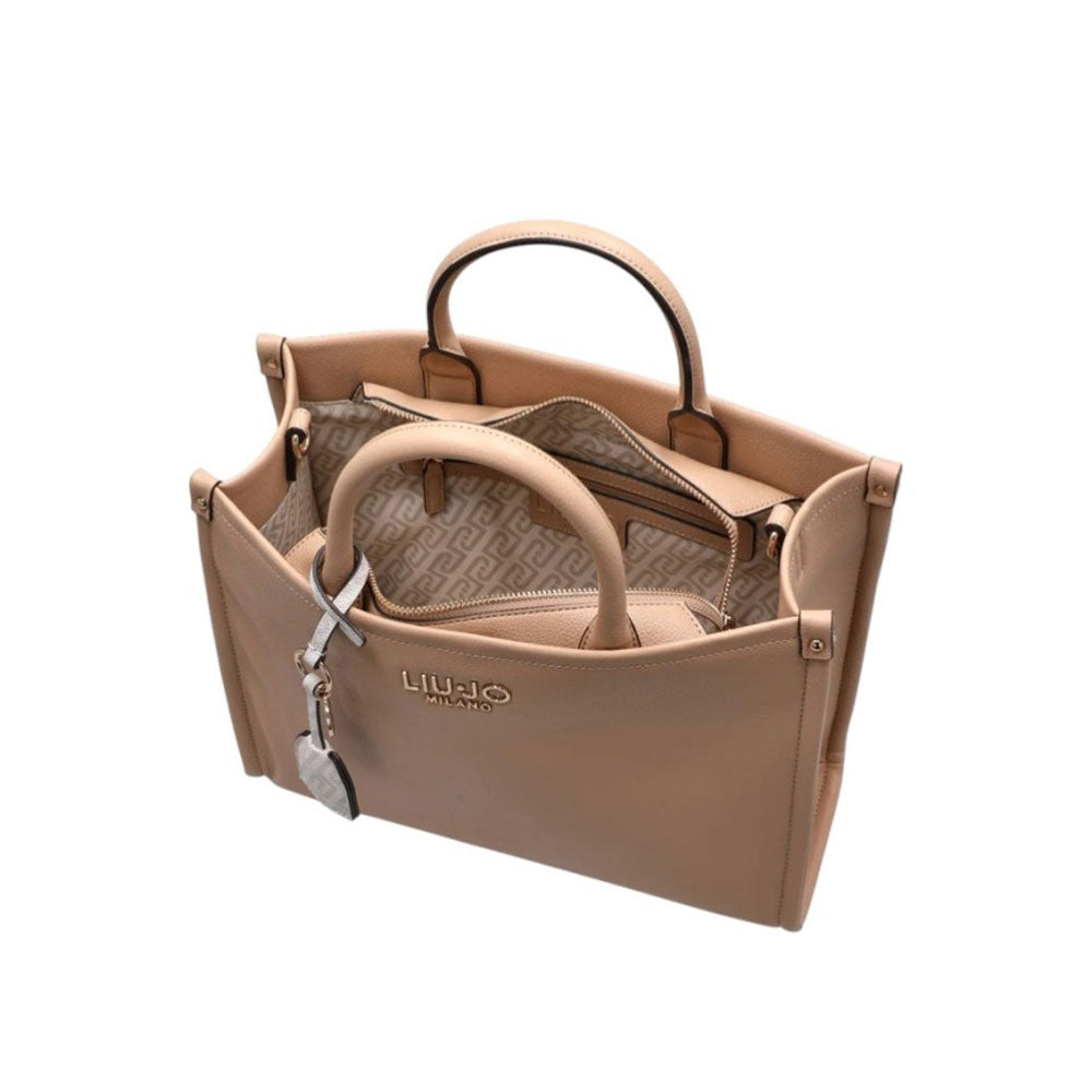 Liu Jo Ridhi women's hand handbag in beige leather with gold-tone hardware and top handle, stylish women's accessory.