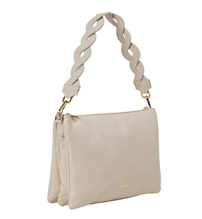 M BRC Onda shoulder bag for women with wave design in black and brown leather, featuring a shoulder strap and stylish details.