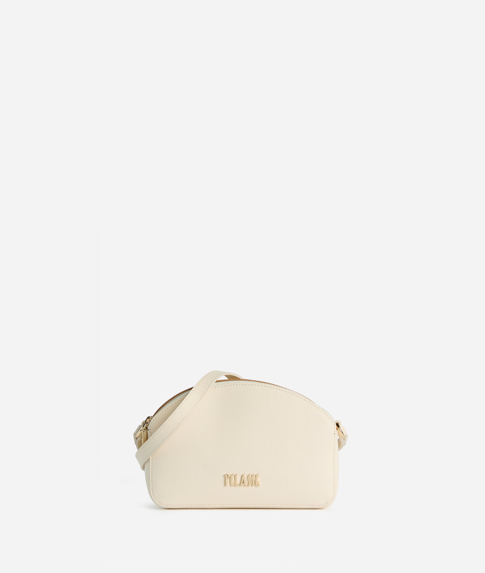 Alviero Martini 1ª Classe Aura Bag mini crossbody purse in beige with signature print and adjustable strap for women.
