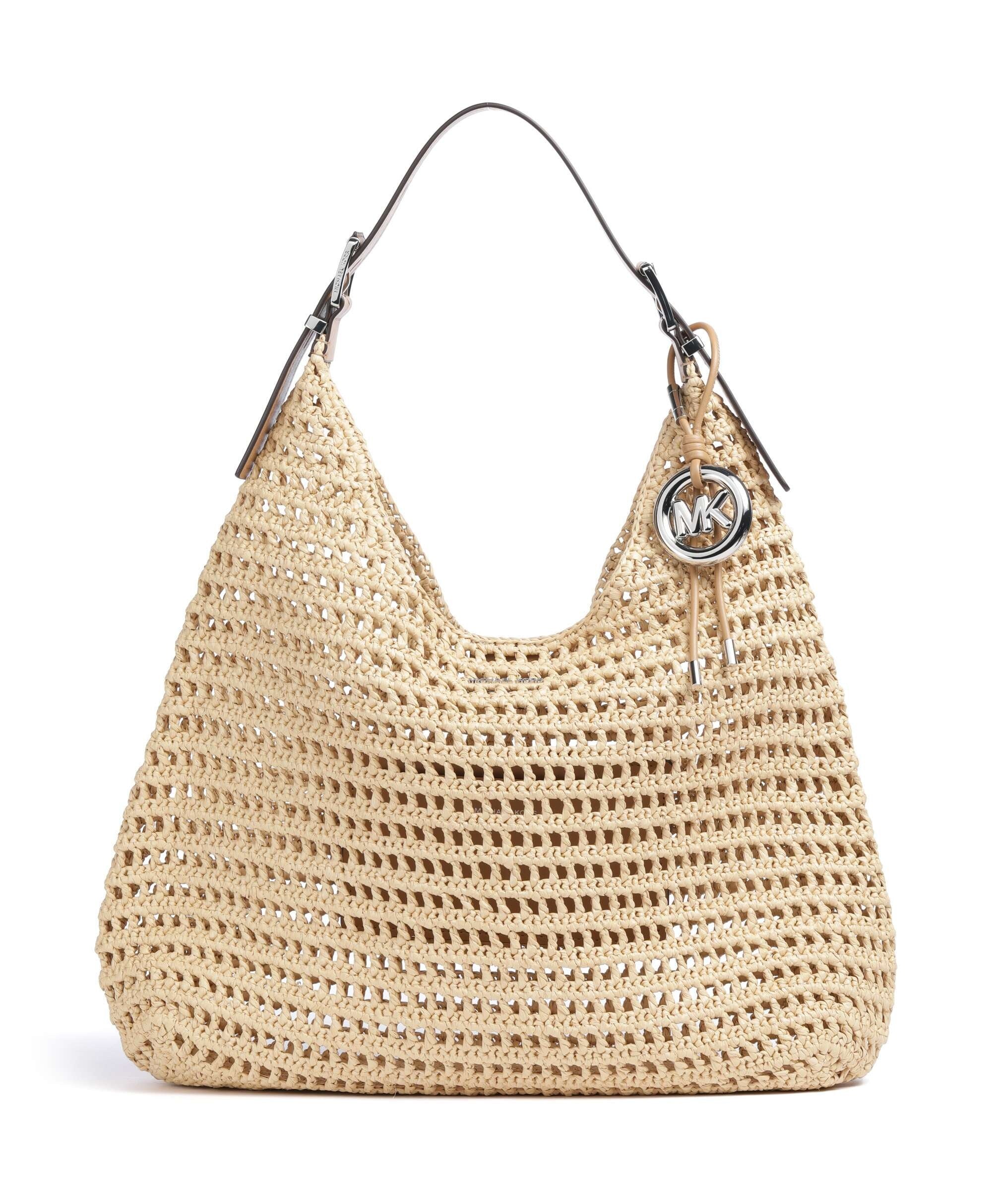 Borsa crochet Michael Kors modello Nolita Large in paglia con manico nero e charm logo argento.