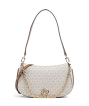 Borsa Nolita Michael Kors a spalla in tela monogram bianca con manico in pelle e tracolla a catena dorata, vista frontale su sfondo bianco.