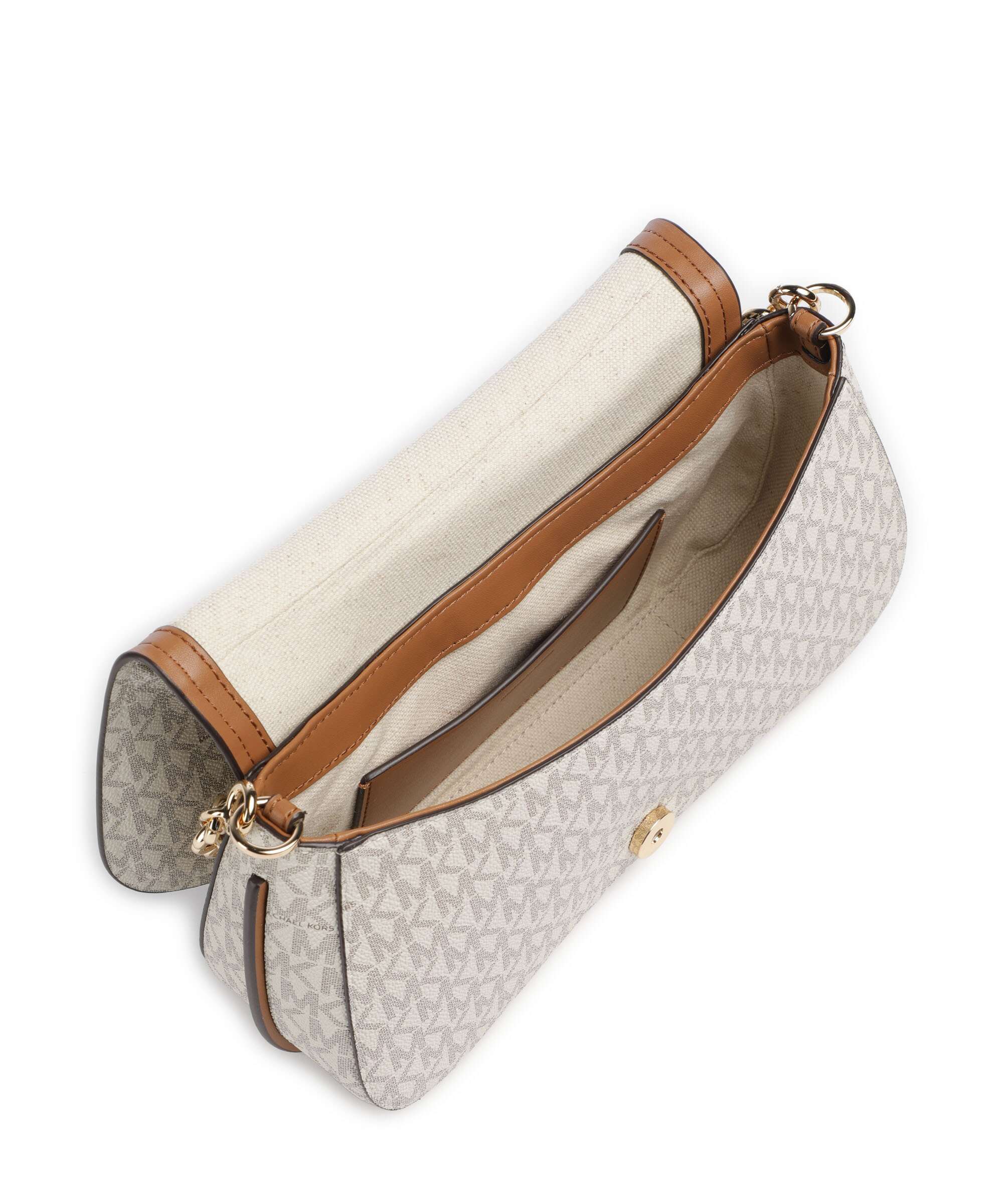 Dettaglio interno della Borsa Nolita Michael Kors a spalla, con fodera chiara, tasca interna a bustina e finiture in pelle color cuoio.