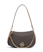 Borsa a spalla Nolita Michael Kors in tela monogram marrone con dettagli in pelle, catena decorativa e logo frontale oro.