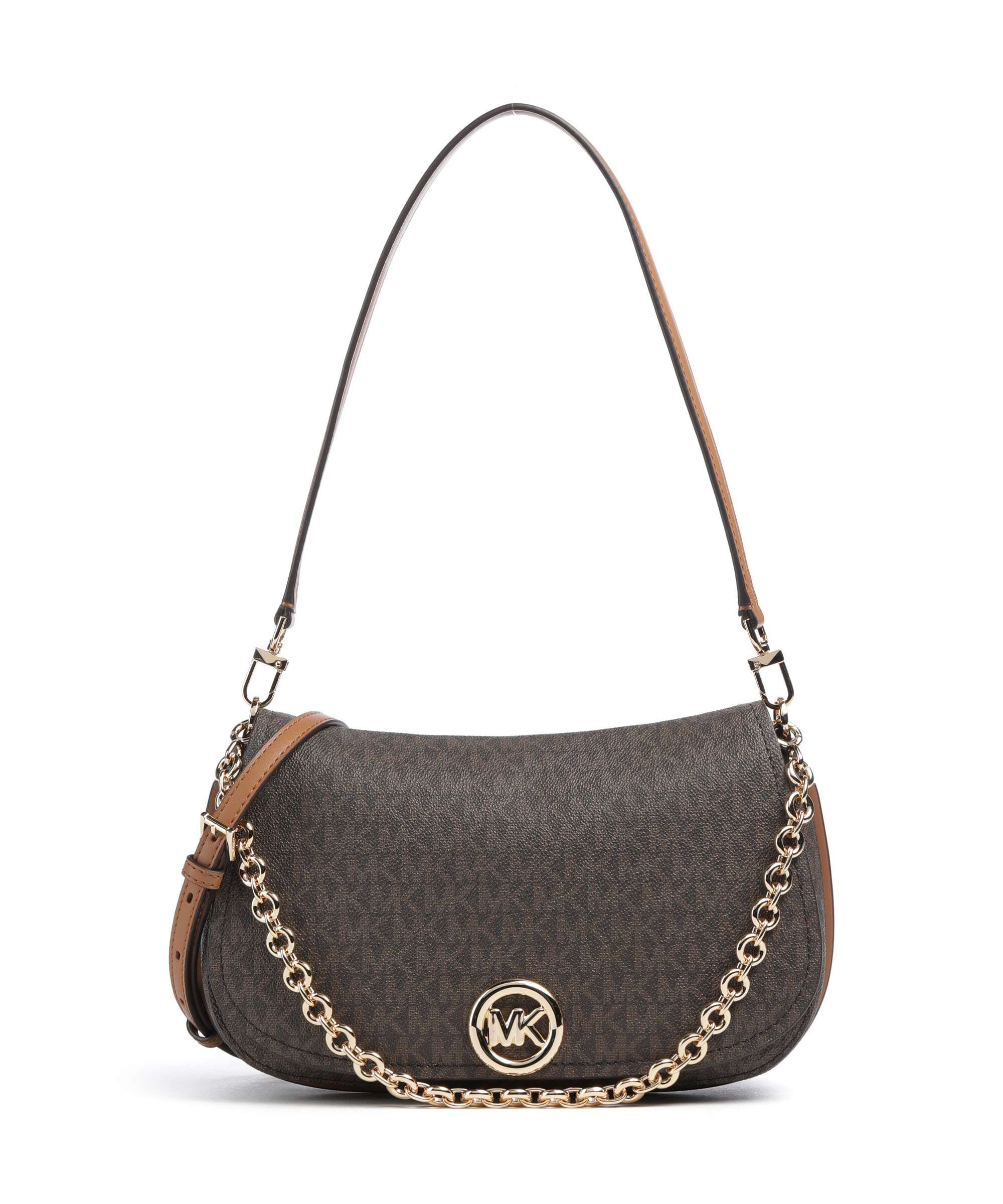 Borsa a spalla Nolita Michael Kors in tela monogram marrone con dettagli in pelle, catena decorativa e logo frontale oro.