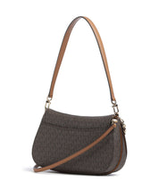 Borsa a spalla Nolita Michael Kors in tela monogram marrone con dettagli in pelle cognac, vista posteriore.