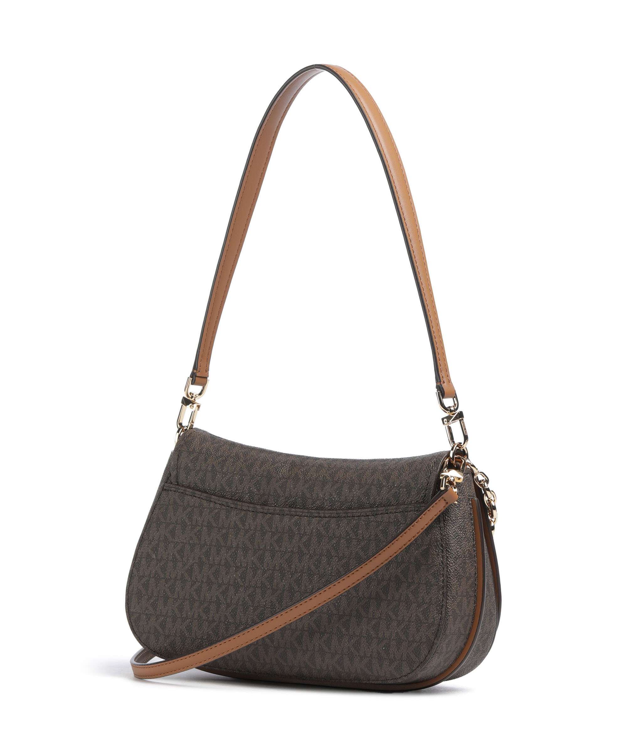 Borsa a spalla Nolita Michael Kors in tela monogram marrone con dettagli in pelle cognac, vista posteriore.