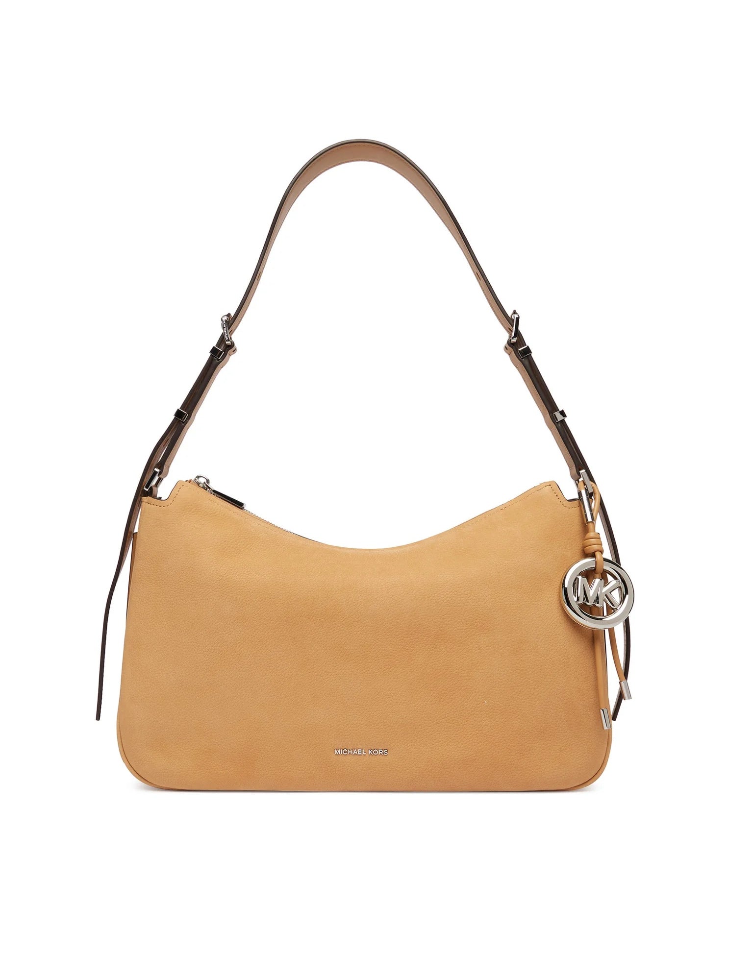 Borsa a spalla Nolita Michael Kors in nabuk color cammello con charm logo MK argento e manico regolabile, vista frontale.