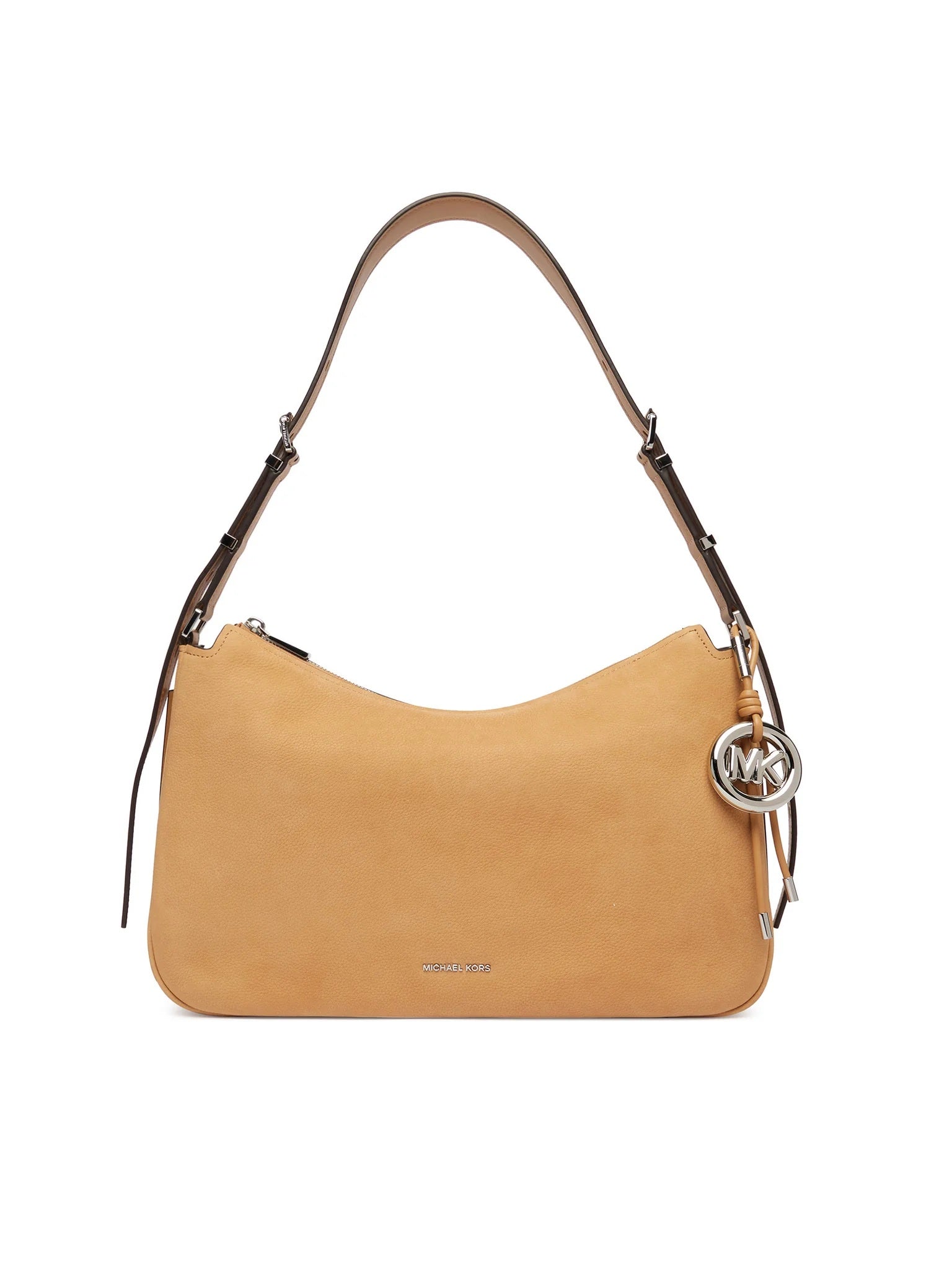 Borsa a spalla Nolita Michael Kors in nabuk color cammello con charm logo MK argento e manico regolabile, vista frontale.