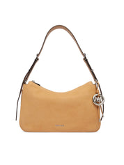 Borsa a spalla Nolita Michael Kors in nabuk color cammello con charm logo MK argento e manico regolabile, vista frontale.