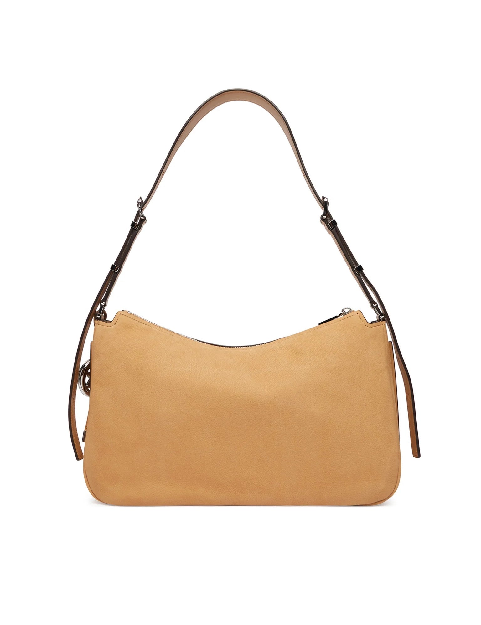 Borsa a spalla Nolita Michael Kors in nabuk color cammello vista frontale su sfondo bianco.