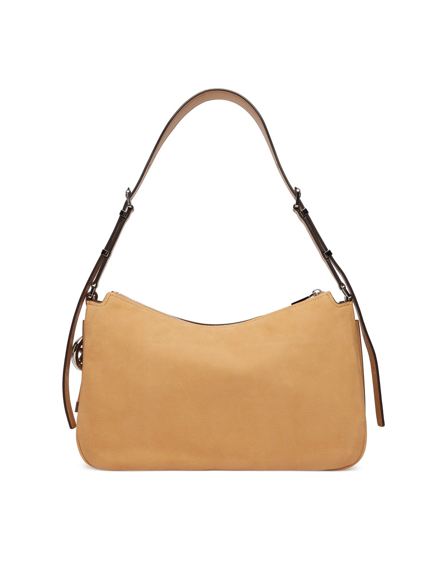 Borsa a spalla Nolita Michael Kors in nabuk color cammello vista frontale su sfondo bianco.