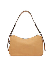 Borsa a spalla Nolita Michael Kors in nabuk color cammello vista frontale su sfondo bianco.