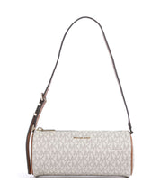 Borsa a spalla Izzy Michael Kors in tela monogram bianca con silhouette a cilindro e manico regolabile marrone, vista frontale.