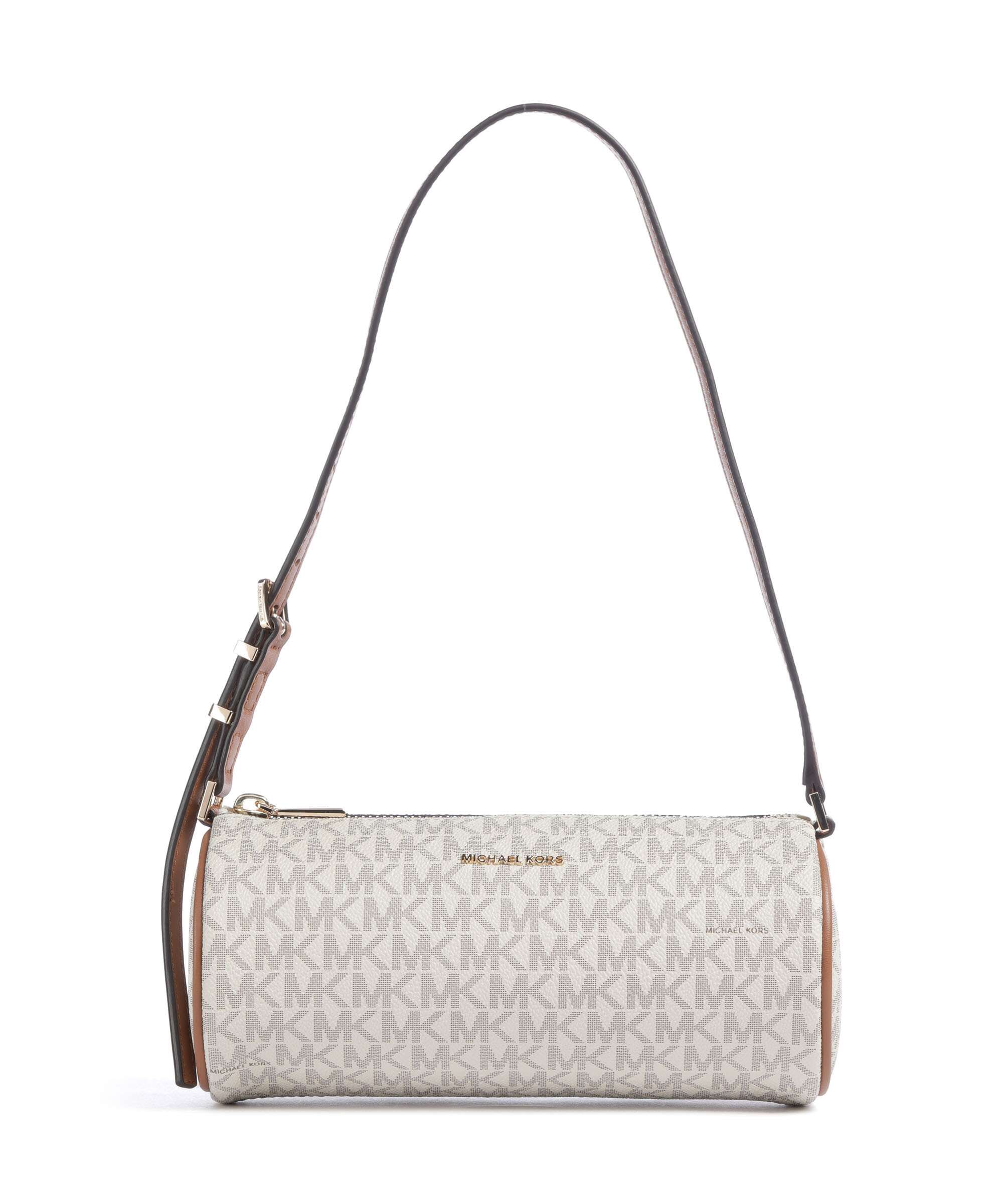 Borsa a spalla Izzy Michael Kors in tela monogram bianca con silhouette a cilindro e manico regolabile marrone, vista frontale.