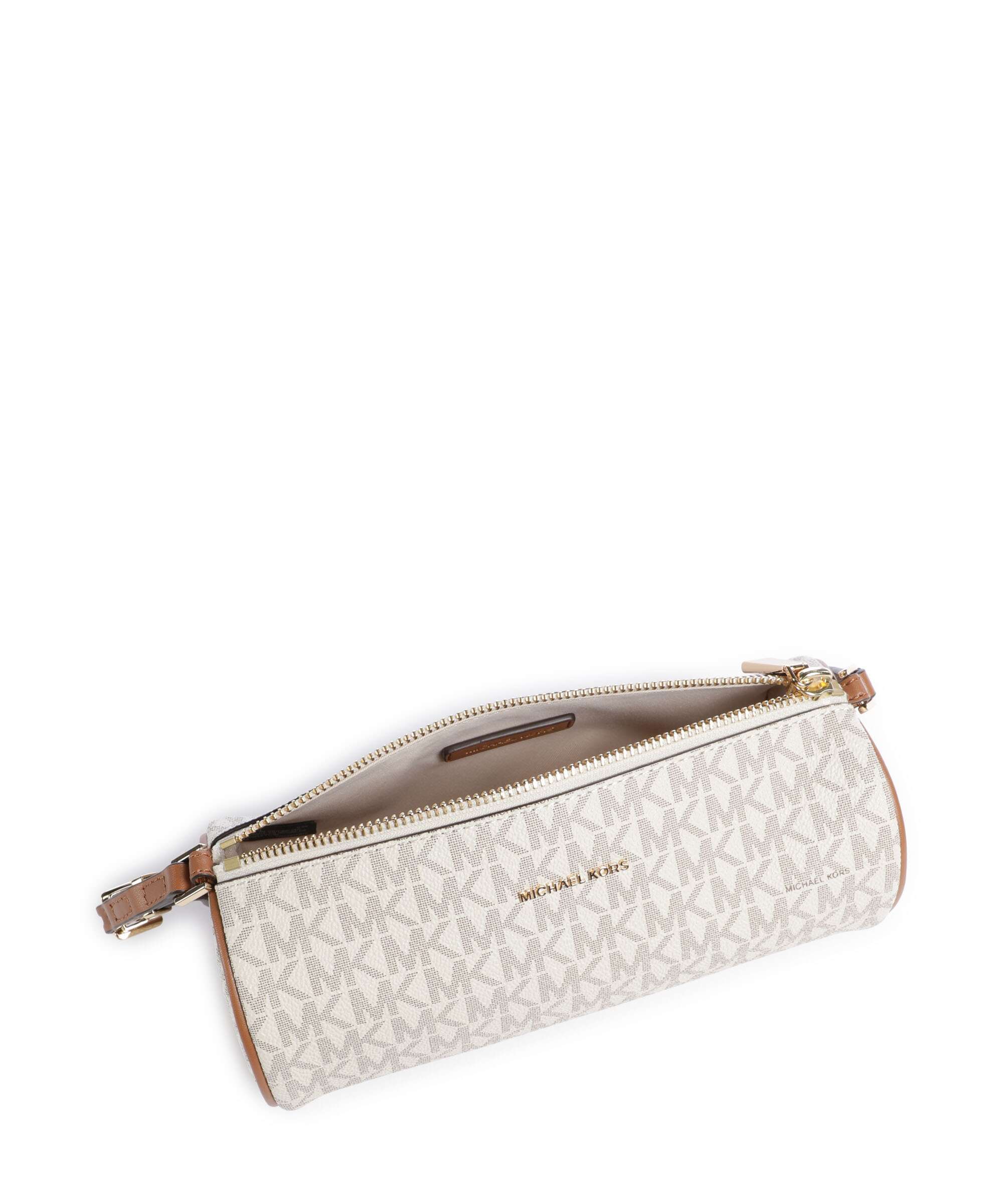 Borsa a spalla Izzy Michael Kors in tela monogram con la zip aperta, vista dall'alto che mostra l'interno foderato e i dettagli color oro.