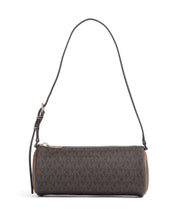 Borsa a spalla monogram Michael Kors modello Izzy Small marrone, con manico regolabile e chiusura a zip, vista frontale su sfondo bianco.