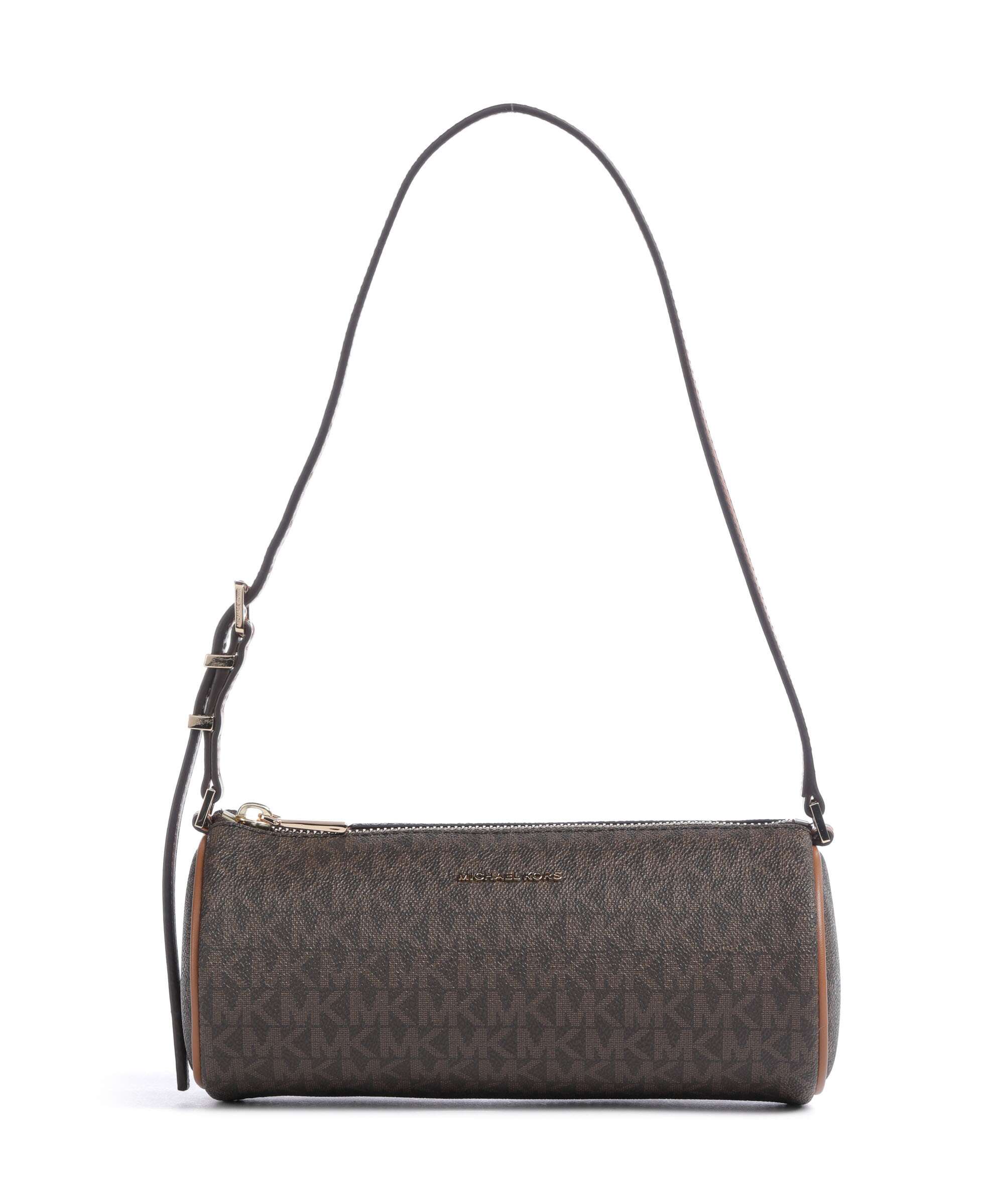 Borsa a spalla monogram Michael Kors modello Izzy Small marrone, con manico regolabile e chiusura a zip, vista frontale su sfondo bianco.