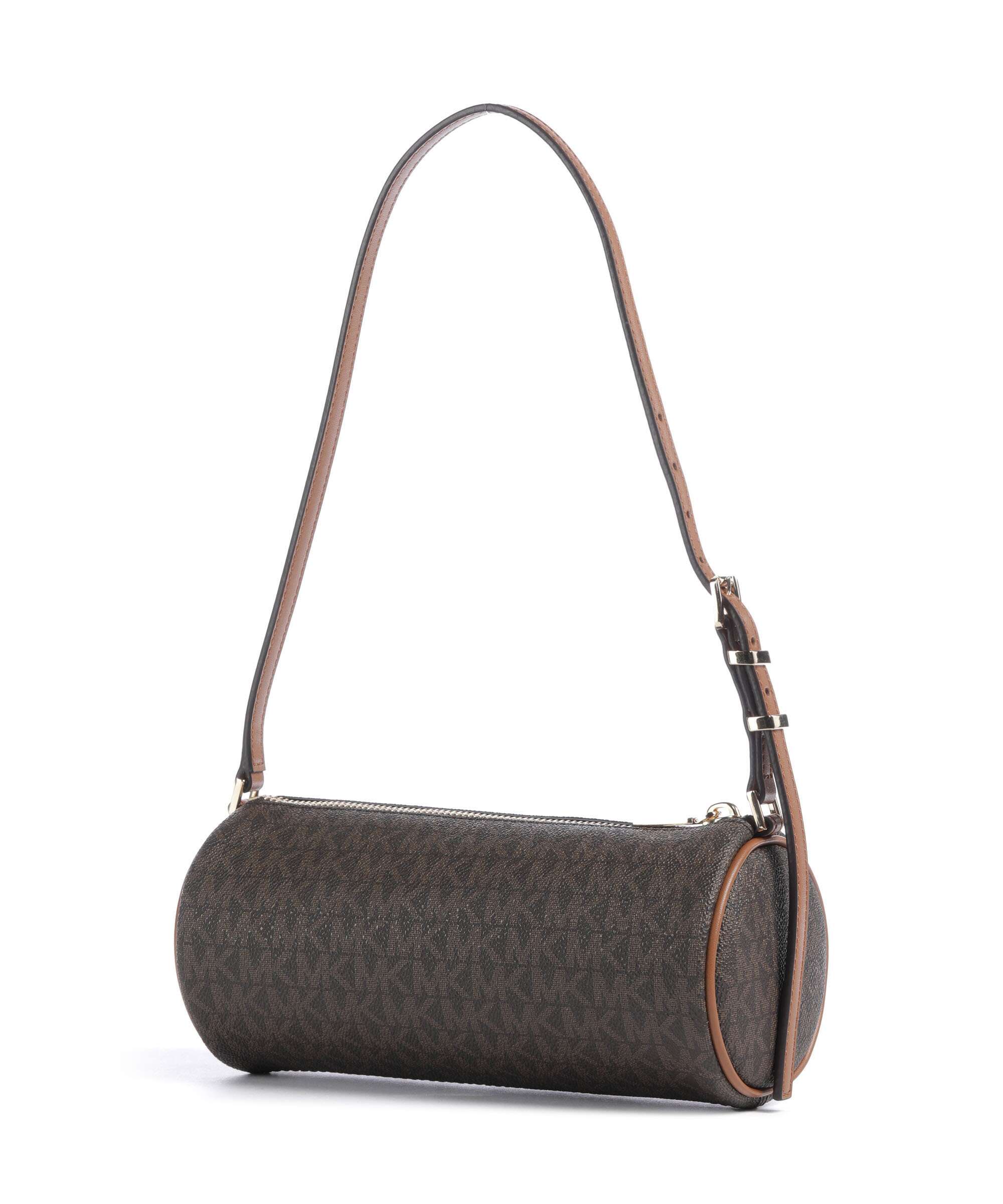 Borsa a spalla monogram Michael Kors modello Izzy Small marrone con manico regolabile e dettagli oro, fotografata su sfondo bianco.